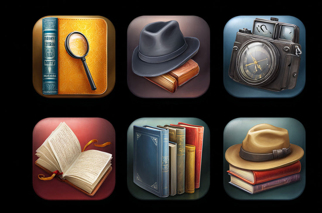 book related icons for mystery, thriller, and adventure and action series