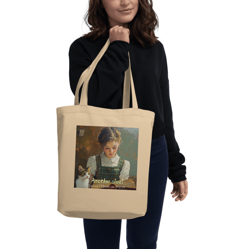 Eco tote back another clue held by a woman front of tote