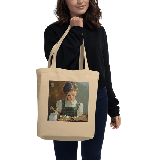 Eco tote back another clue held by a woman front of tote