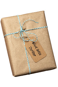 Kraft paper-wrapped gift with a decorative tag on a white background