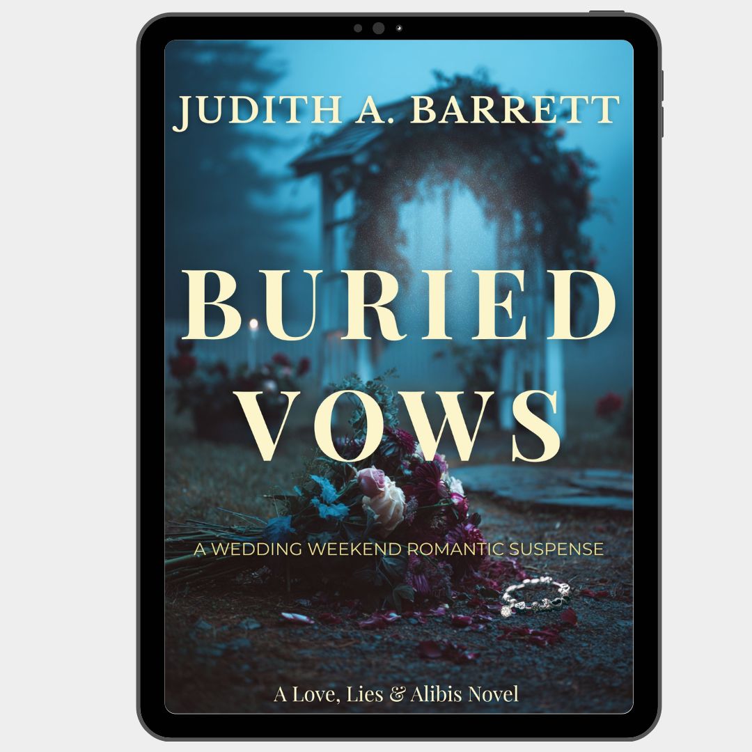 A tablet device displaying the book cover for 'Buried Vows' by Judith A. Barrett. a bouquet, a bracelet, and an arch in the background
