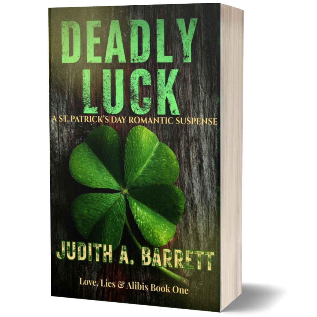 Book titled 'Deadly Luck' by Judith A. Barrett with a green four-leaf clover on a dark background.