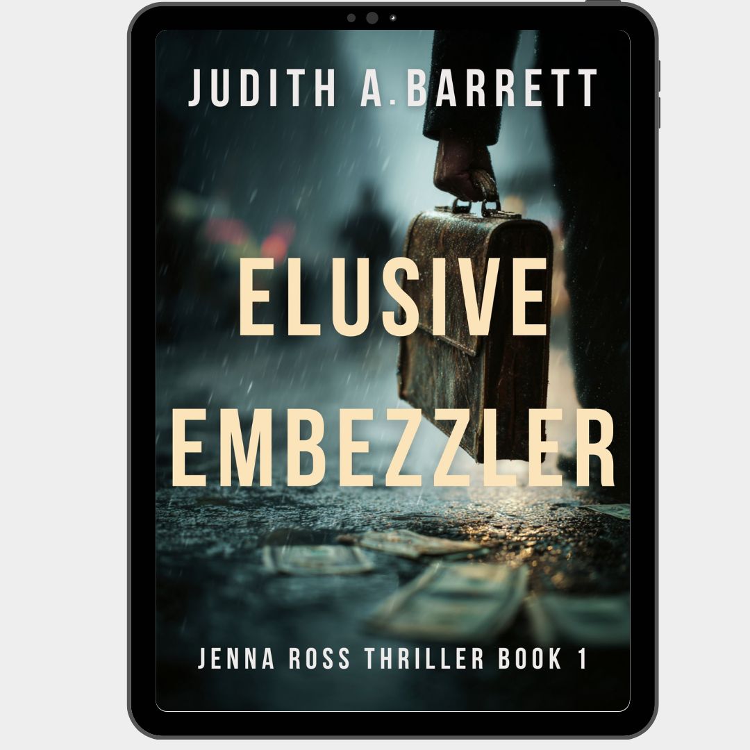 Book cover of 'Elusive Embezzler' by Judith A. Barrett with a person holding a suitcase on a rainy street.