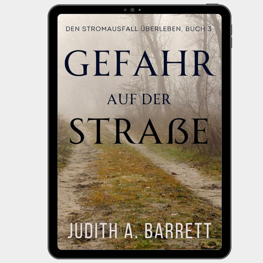 Book cover of 'Gefahr auf der Straèe' by Judith A. Barrett displayed on a tablet.