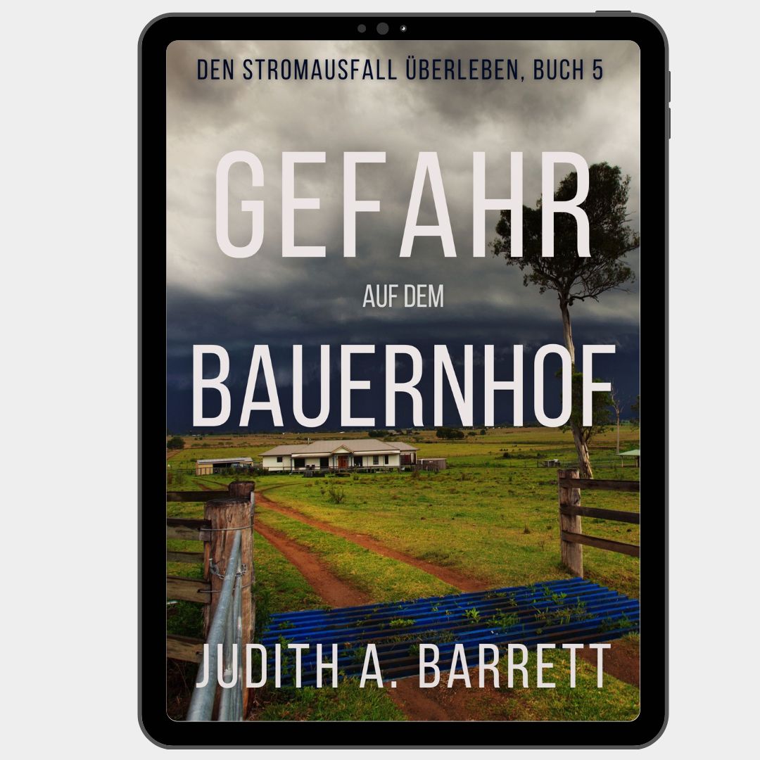 Book cover of 'GEFAHR AUF DEM BAUERNHOF' by Judith A. Barrett on a tablet screen.