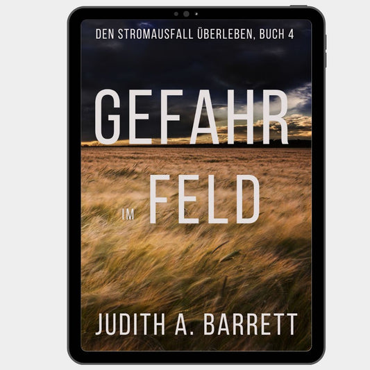 Tablet displaying the book cover of 'Gefahr im Feld' by Judith A. Barrett with a field and stormy sky.