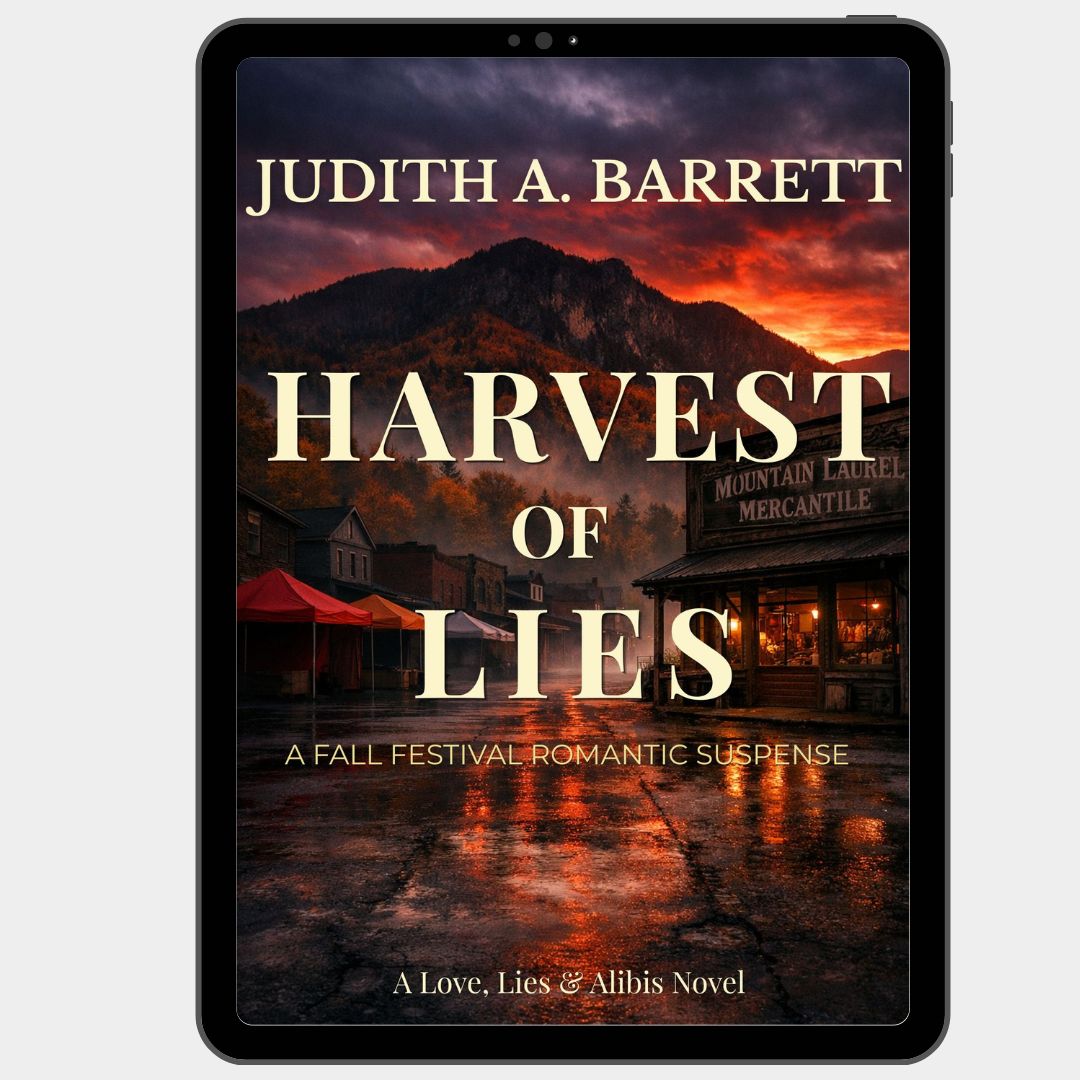 A tablet device displaying the book cover for 'Harvest of Lies' by Judith A. Barrett, featuring a mountain and storefront scene at sunset with large cream title text.