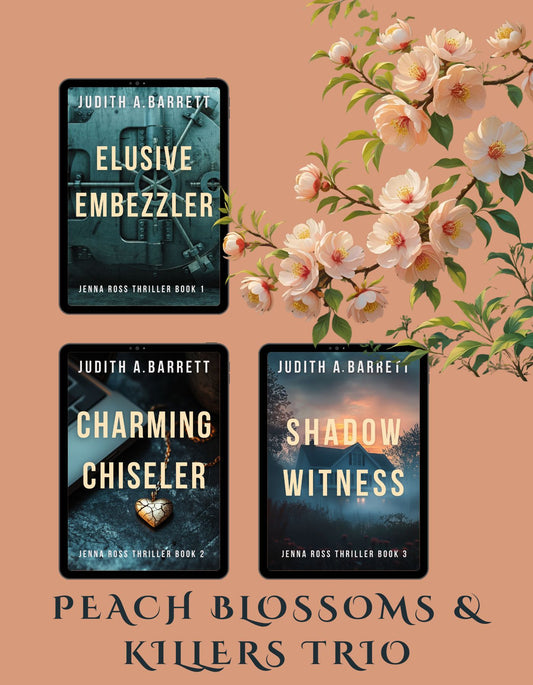 Three book covers of 'Elusive Embezzler', 'Charming Chiseler', and 'Shadow Witness' by Judith A. Barrett on a peach background with peach blossoms.