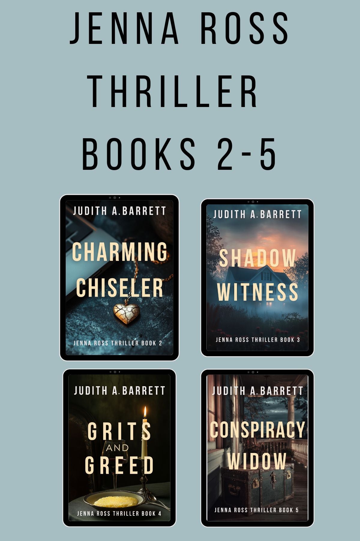 Collection of four Jenna Ross Thriller book covers by Judith A. Barrett on a light blue background.