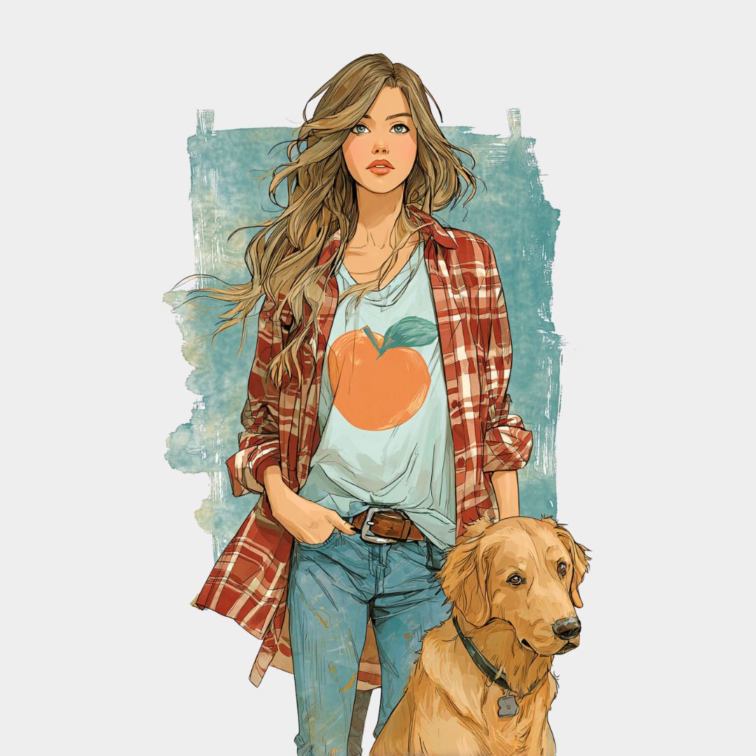 Jenna wearing a peach T-shirt and her golden Katy