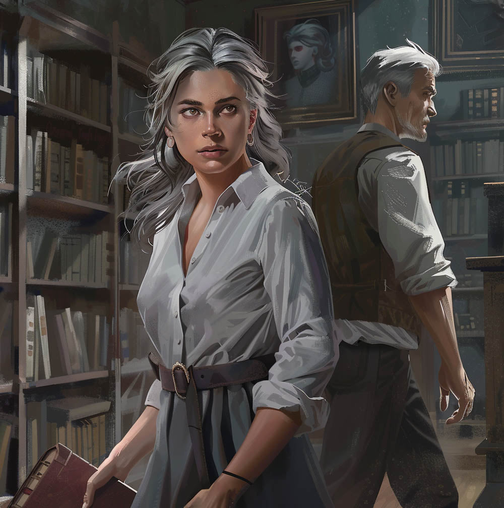 Two people in a library setting with bookshelves and portraits in the background.