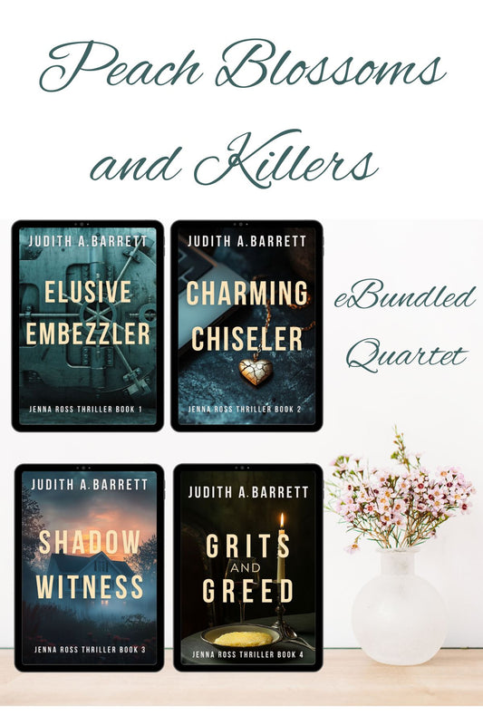 Jenna Ross Thriller Series covers of books 1-4 'Peach Blossoms and Killers' by Judith A. Barrett