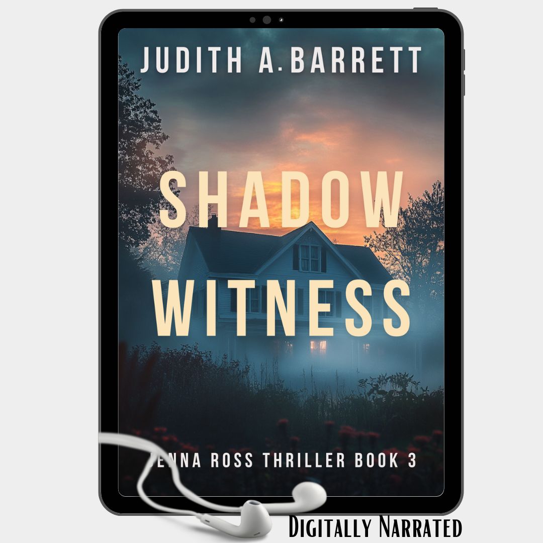Digital audiobook cover of 'Shadow Witness' by Judith A. Barrett on a tablet with earphones.