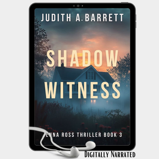 Digital audiobook cover of 'Shadow Witness' by Judith A. Barrett on a tablet with earphones.