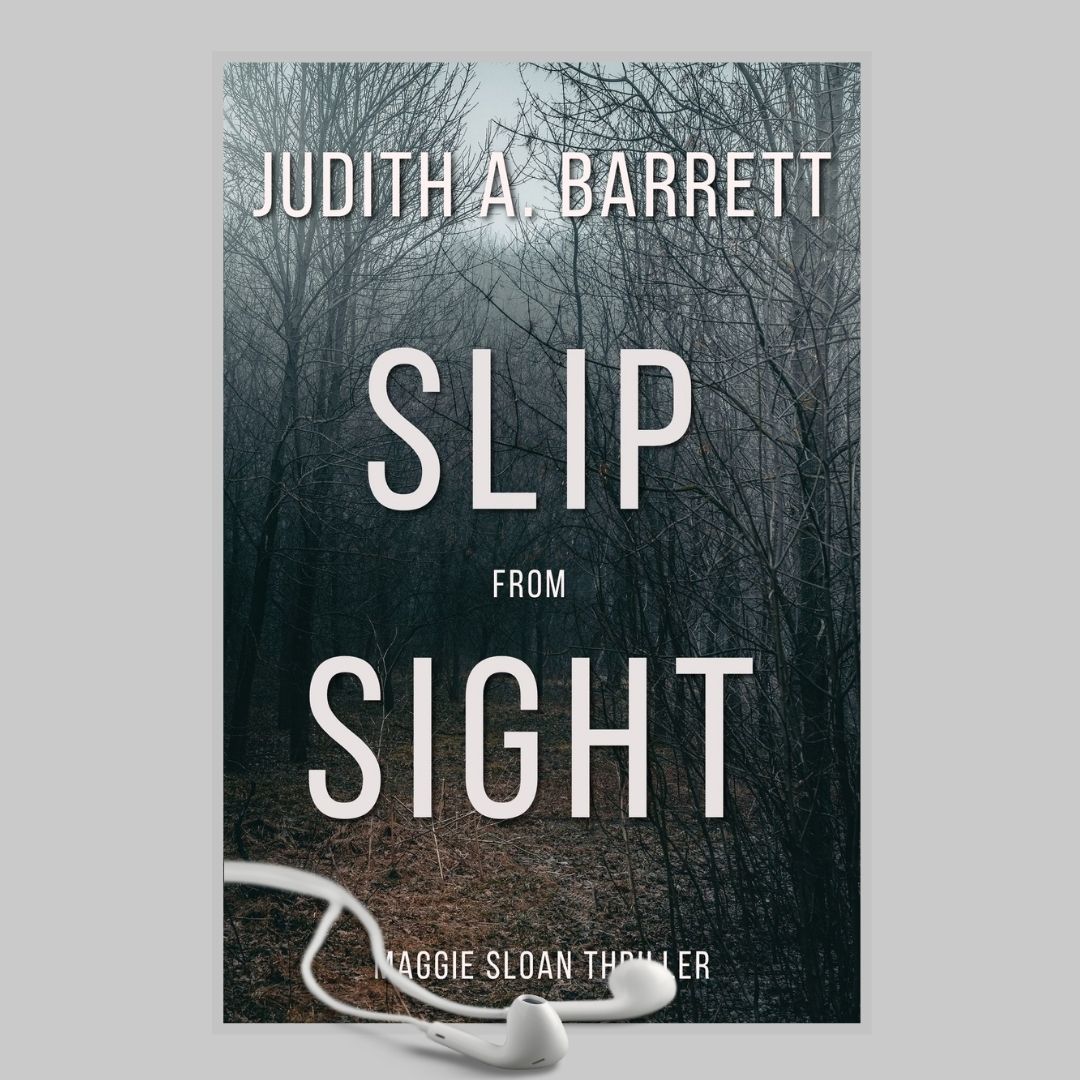 Book cover of 'Slip from Sight' by Judith A. Barrett with headphones on a gray background
