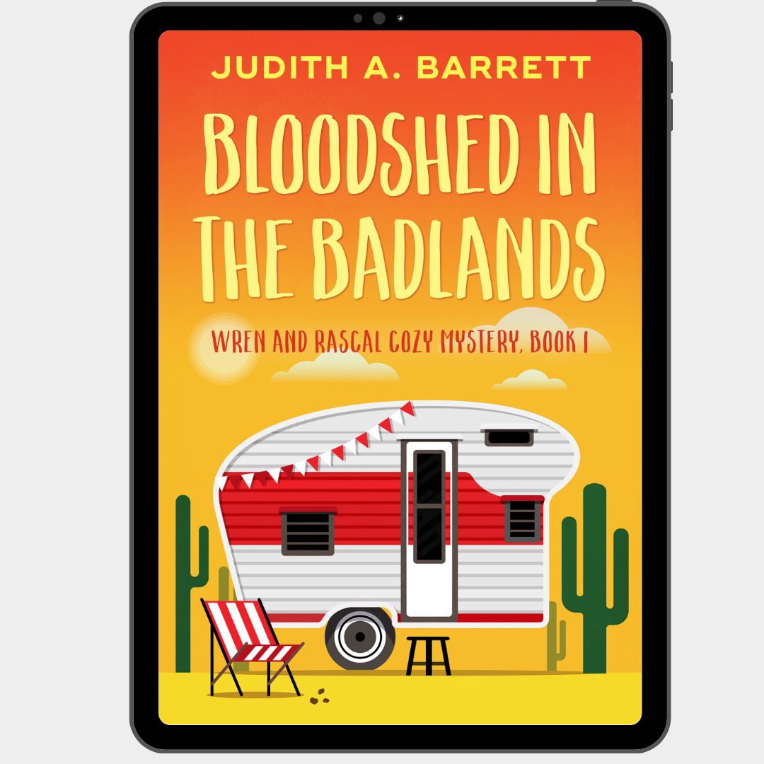 Book cover of 'Bloodshed in the Badlands' by Judith A. Barrett on a tablet screen.