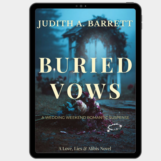 A tablet device displaying the book cover for 'Buried Vows' by Judith A. Barrett. a bouquet, a bracelet, and an arch in the background