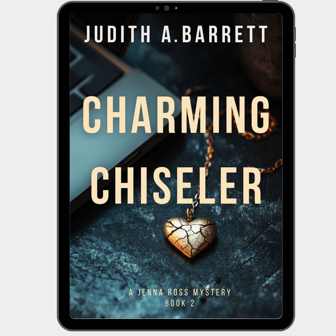 Book cover of 'Charming Chiseler' by Judith A. Barrett on a tablet screen.