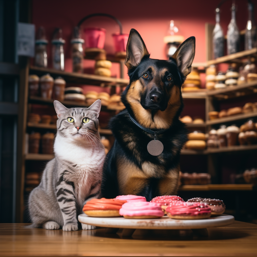 Cat and dog sitting behind a table with colorful donuts in a bakery setting
