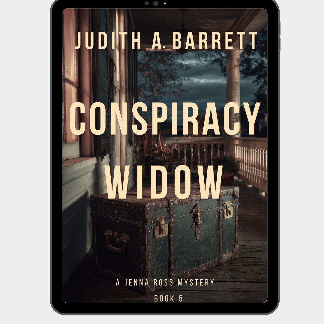Book cover of 'Conspiracy Widow' by Judith A. Barrett with a vintage trunk and window background.
