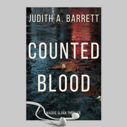 Book cover of 'Counted in Blood' by Judith A. Barrett with a reflective surface and earphones on a gray background