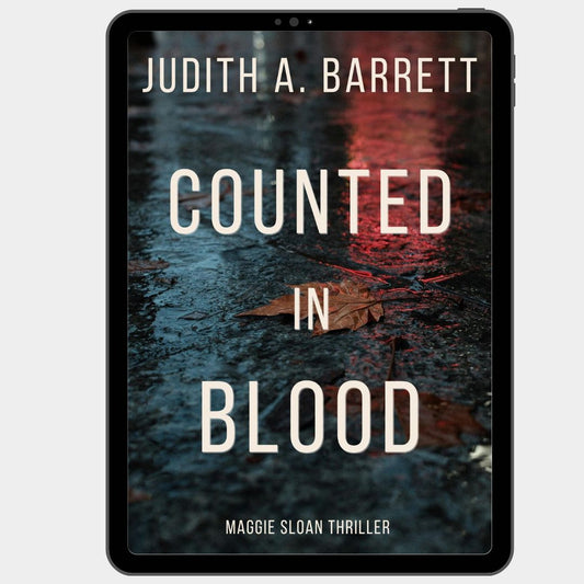 Book cover of 'Counted in Blood' by Judith A. Barrett on a tablet screen.