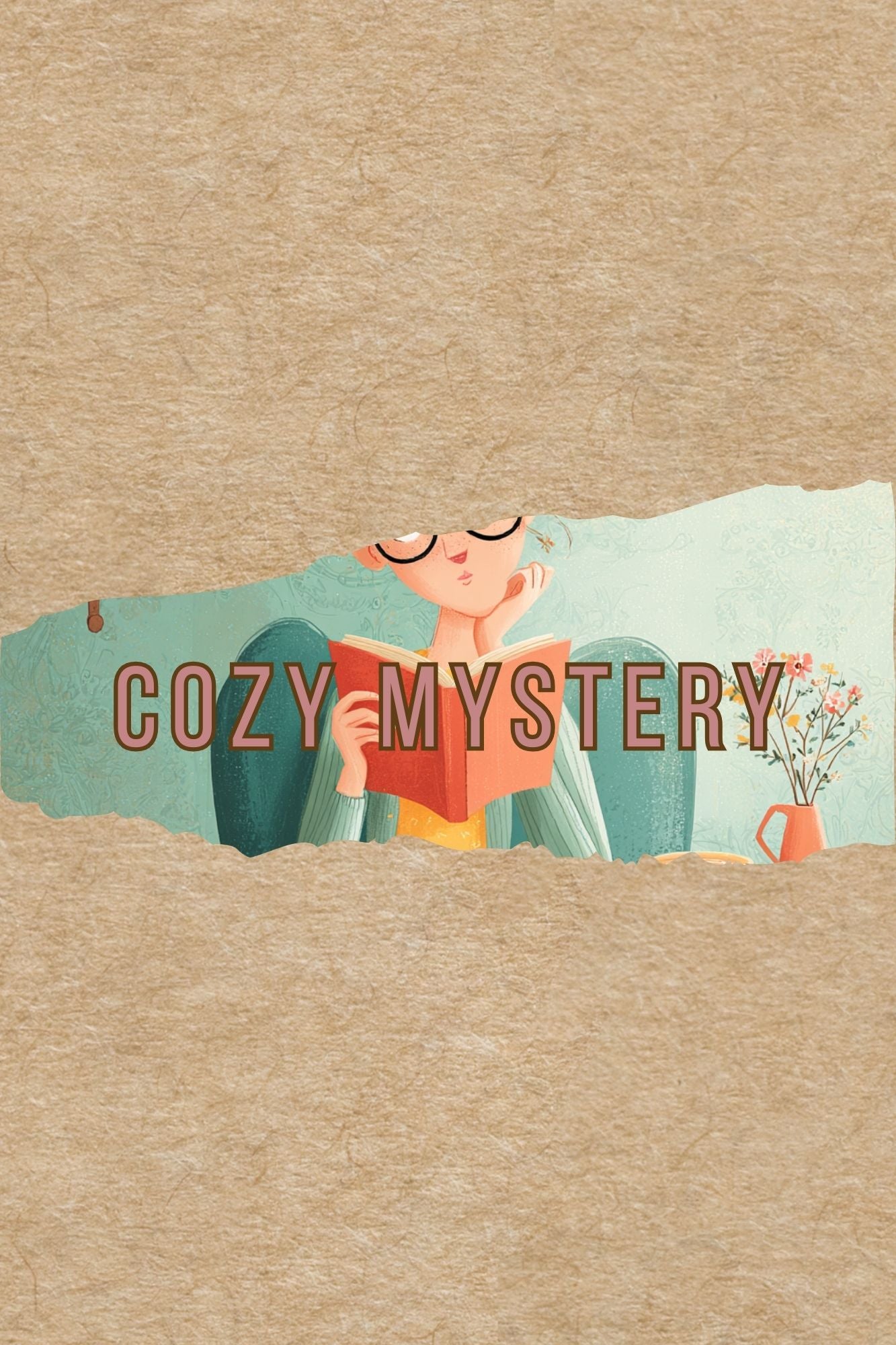 Illustration of a person reading a book with 'Cozy Mystery' text on a textured background