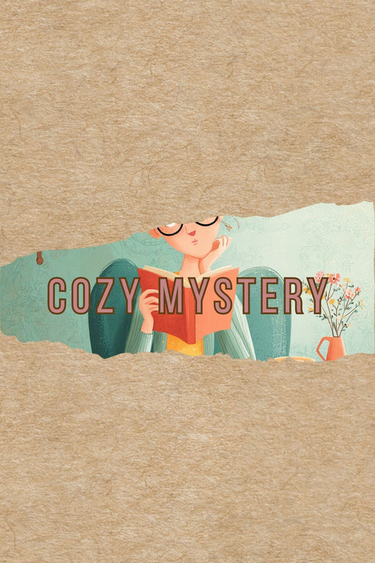 Illustration of a person reading a book with 'Cozy Mystery' text on a textured background