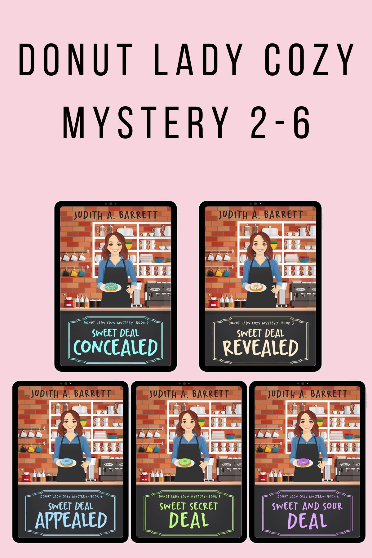 Collection of book covers for 'Donut Lady Cozy Mystery' series 2-6 on a pink background