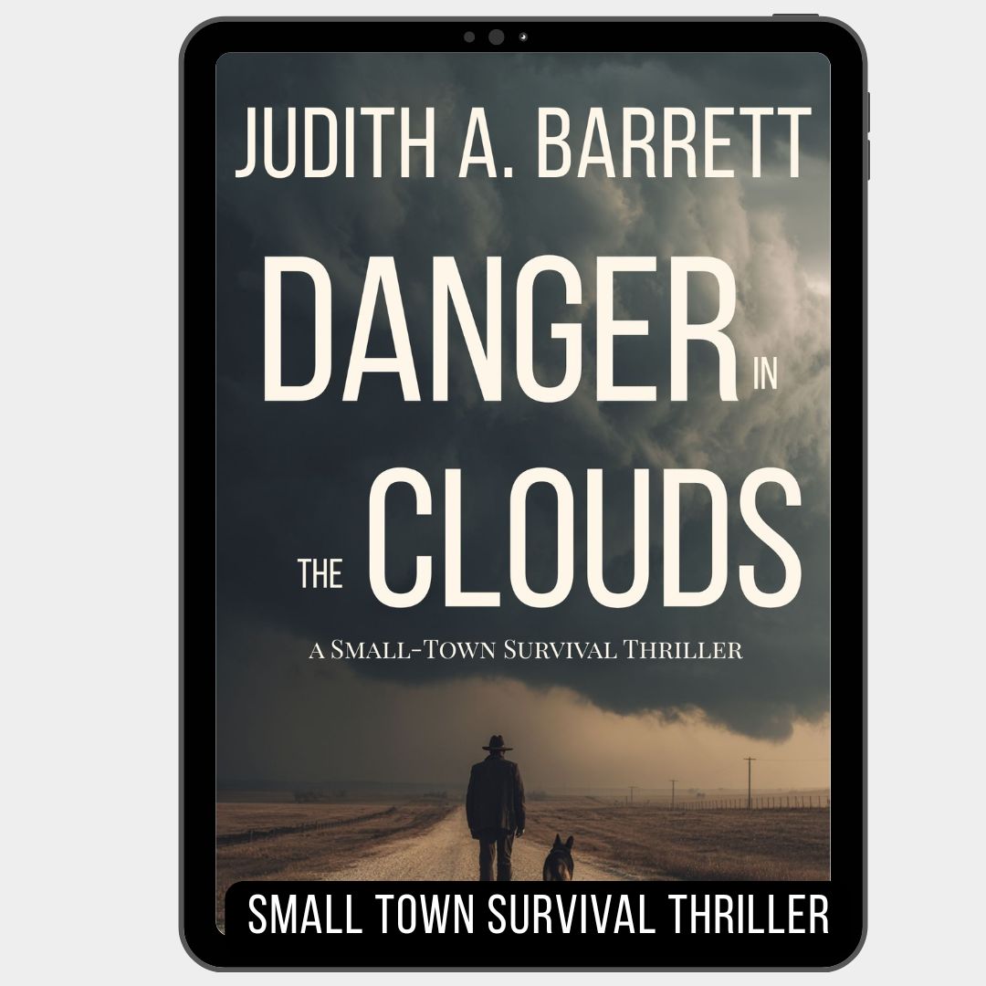 Book cover of 'Danger in the Clouds' by Judith A. Barrett with a stormy sky and silhouette on a road.