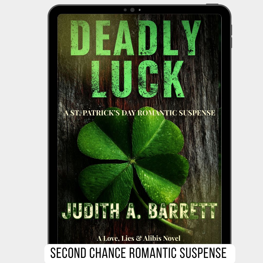 Book cover of 'Deadly Luck' by Judith A. Barrett featuring a four-leaf clover on a dark background.