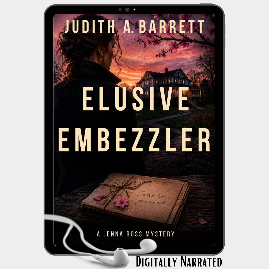 Book cover of 'Elusive Embezzler' by Judith A. Barrett with a silhouette of a person and a house at sunset.