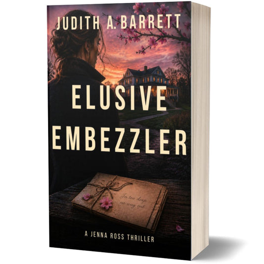 Book cover of 'Elusive Embezzler' by Judith A. Barrett with a woman looking at an inn.