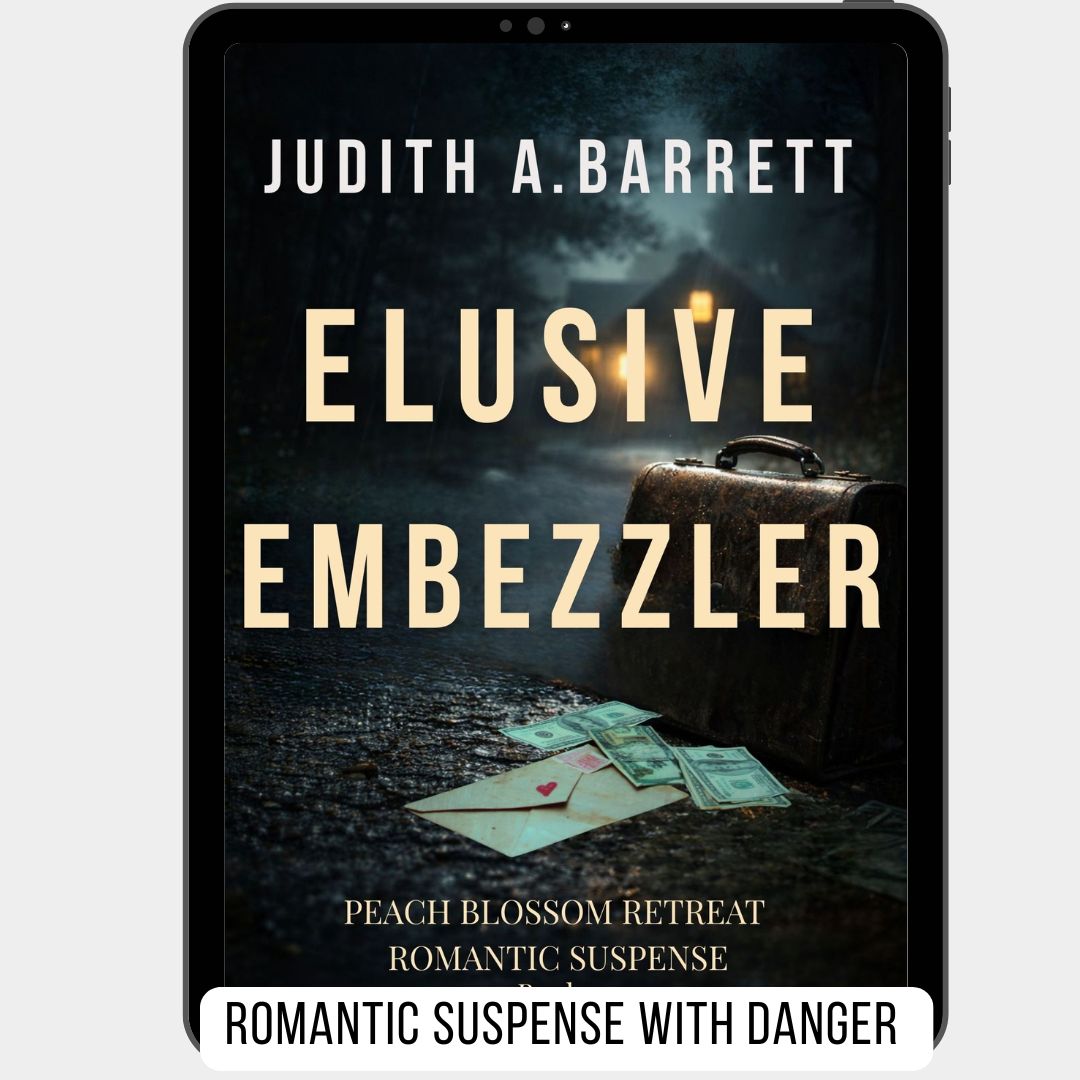 Book cover of 'Elusive Embezzler' by Judith A. Barrett on a tablet screen.