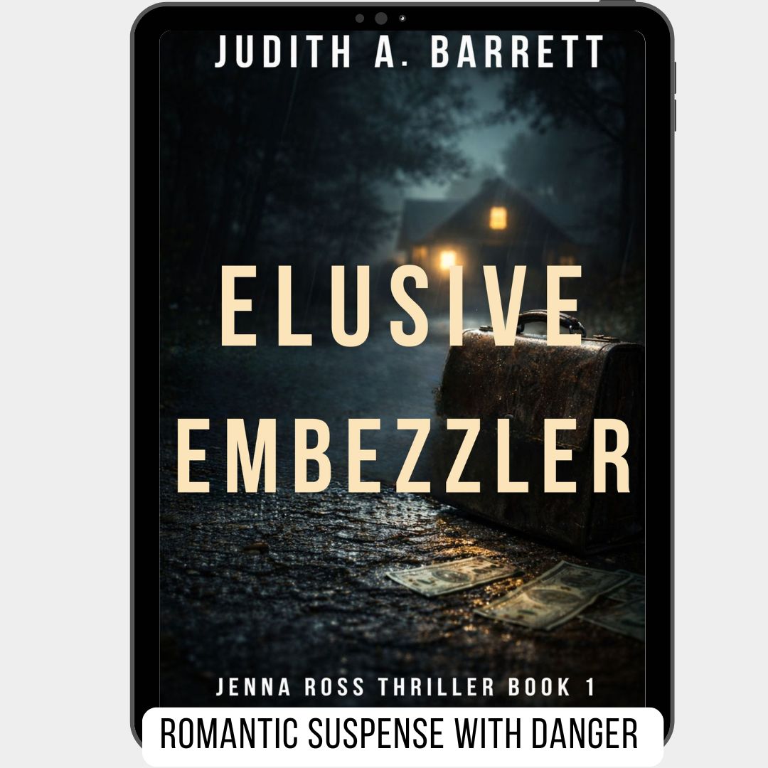 Book cover of 'Elusive Embezzler' by Judith A. Barrett with a dark scene and house in the background.