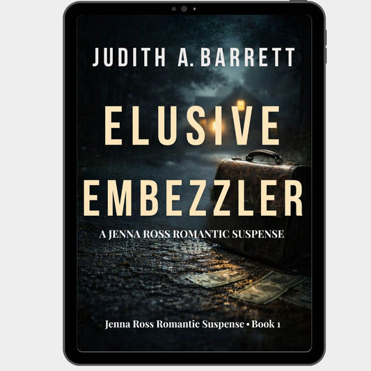 Book cover of 'Elusive Embezzler' by Judith A. Barrett on a tablet screen.