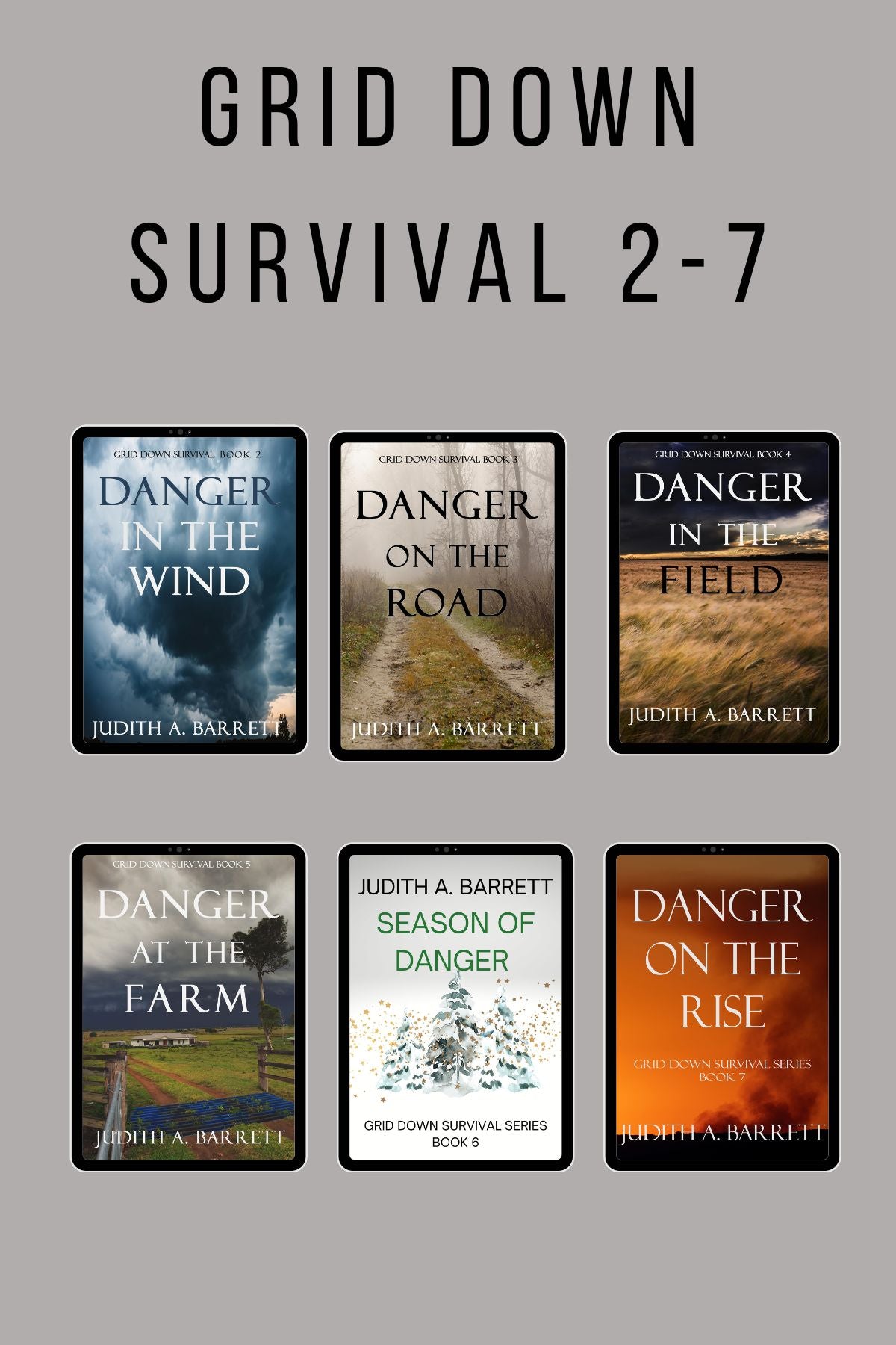 Collection of book covers for 'Grid Down Survival' series Books 2-7.