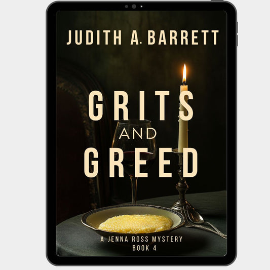 Book cover of 'Grits and Greed' by Judith A. Barrett with a candle and bowl on a table.