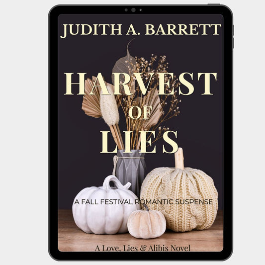 A tablet device displaying the book cover for 'Harvest of Lies' by Judith A. Barrett.