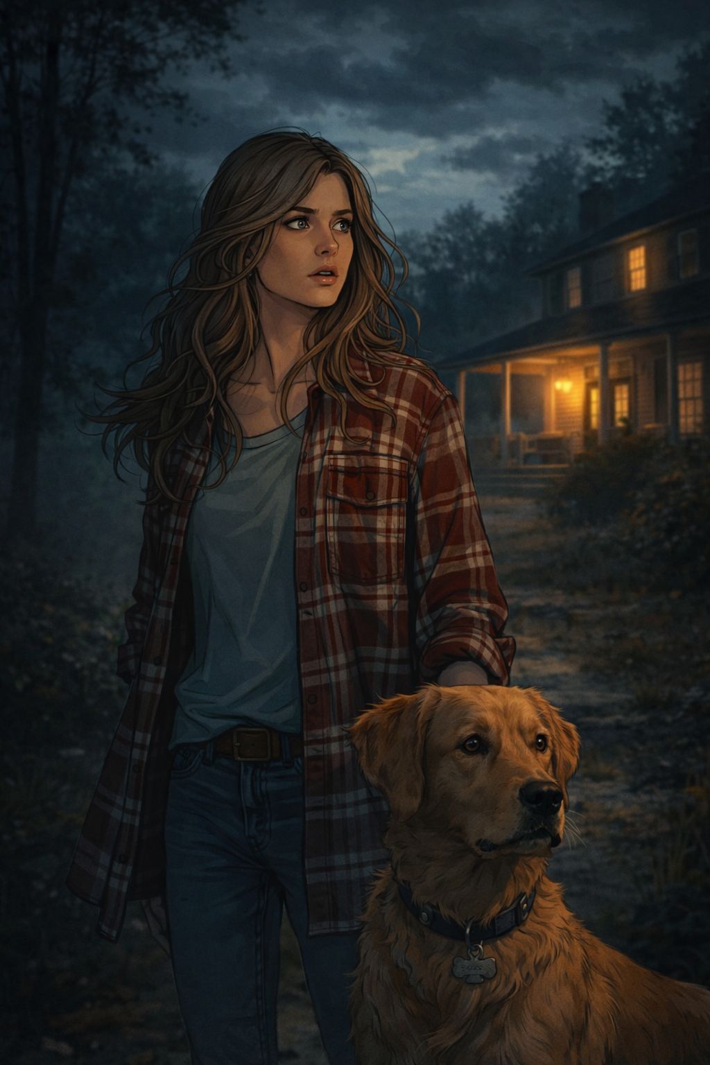 Jenna in plaid shirt with Katy in front of the inn at night