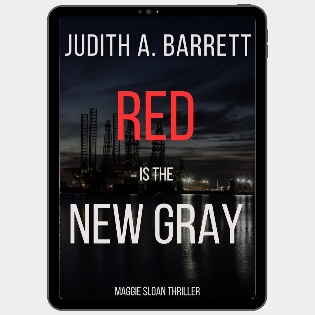 Book cover of 'Red is the New Gray' by Judith A. Barrett on a tablet screen.