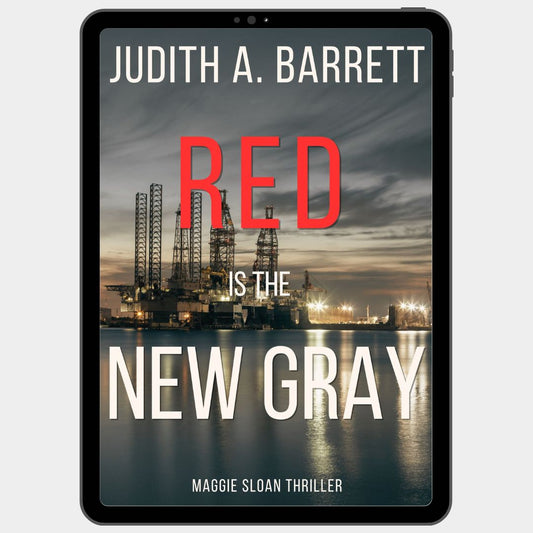 Book cover of 'Red is the New Gray' by Judith A. Barrett on a tablet screen.