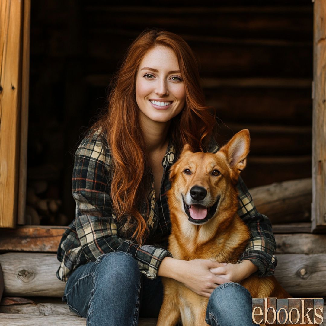 Riley Malloy sitting with Toby, smiling, with a background at Grandma's cabin. The text 'ebooks' is in the corner.