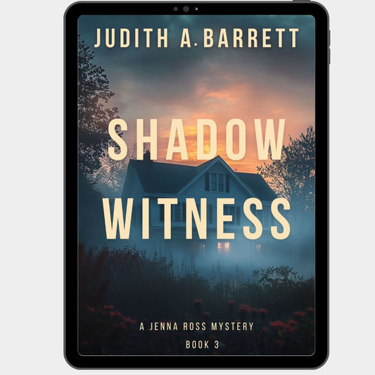 Book cover of 'Shadow Witness' by Judith A. Barrett on a tablet screen.