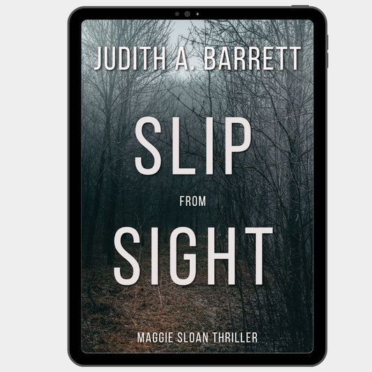 Book cover of 'Slip from Sight' by Judith A. Barrett on a tablet screen.