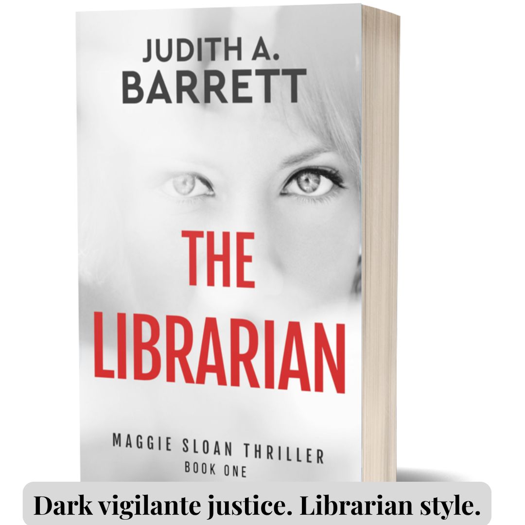 Book cover of 'The Librarian' by Judith A. Barrett with a woman's face and red text on a white background.