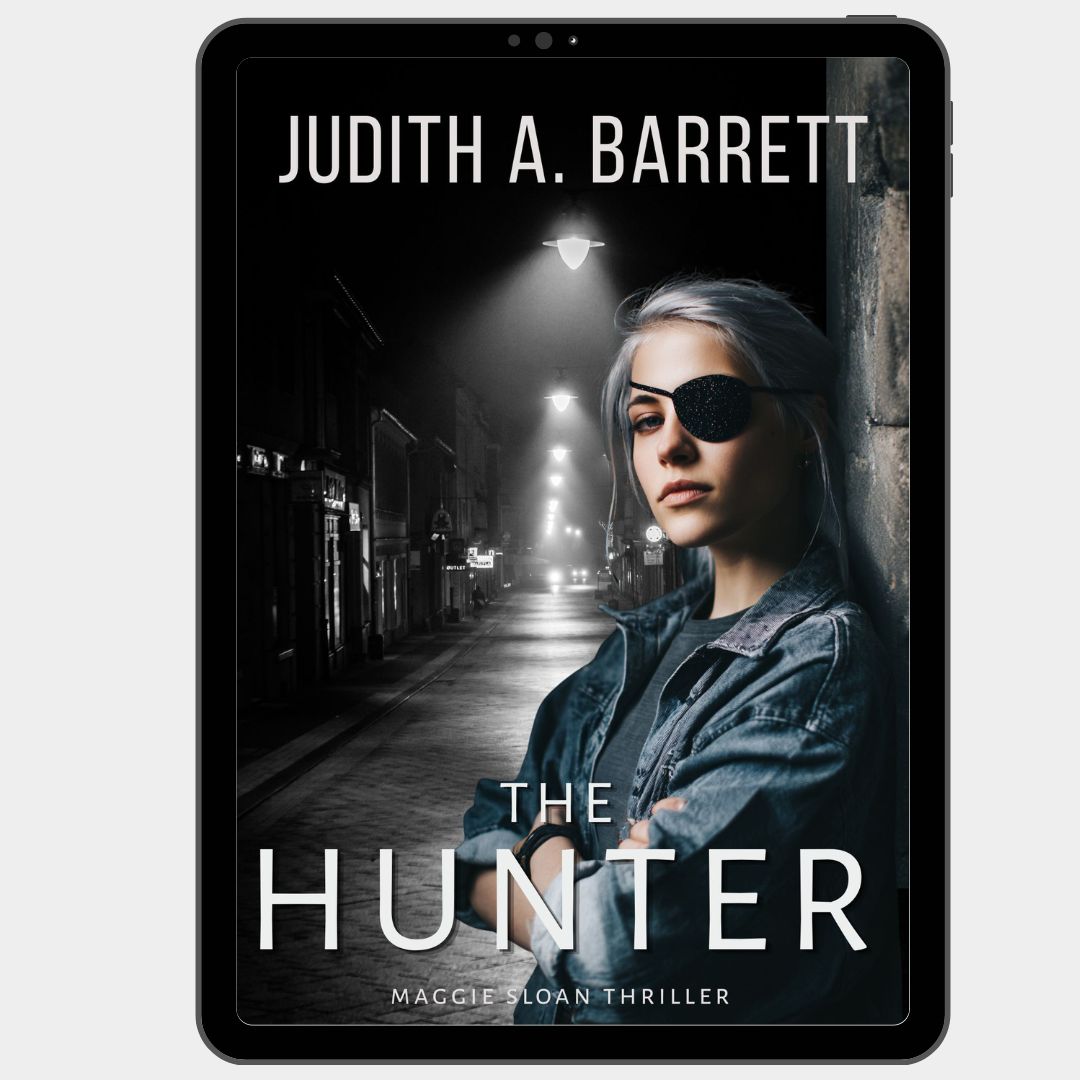 Book cover of 'The Hunter' by Judith A. Barrett featuring a woman with an eye patch on a dark street.