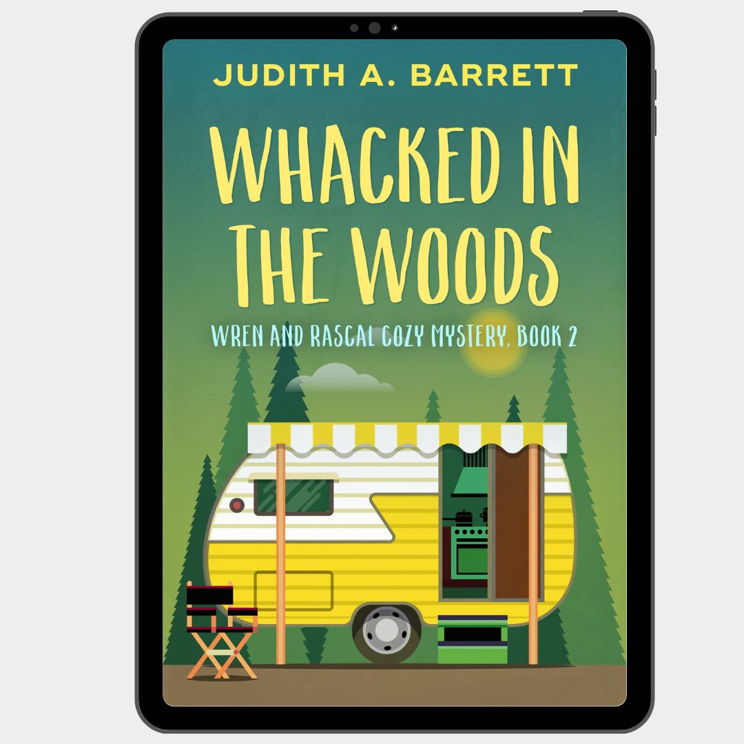 Book cover of 'Whacked in the Woods' by Judith A. Barrett on a tablet screen.