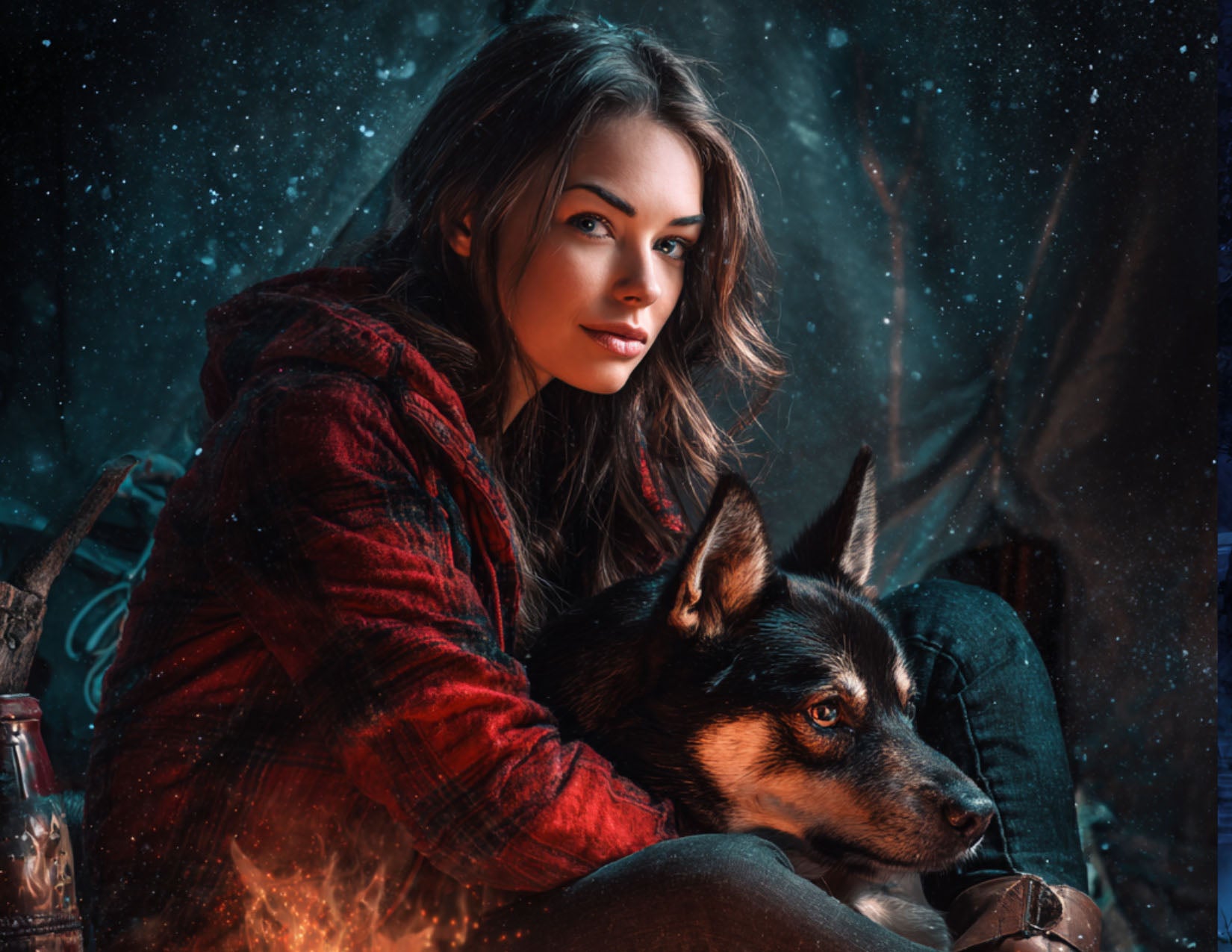 Woman in a red jacket sitting with a dog sitting hear a campfire