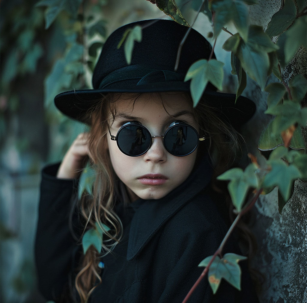 Young Maggie wearing a black hat and coat, standing among green foliage.